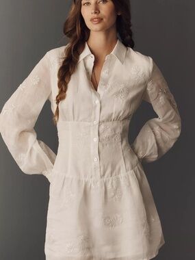 Anthropologie Flat White Waisted Mini Shirt Dress XXS nwt